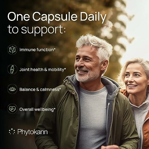 Middle-aged couple walking, promoting daily capsule for immune function, joint health, balance, and wellbeing