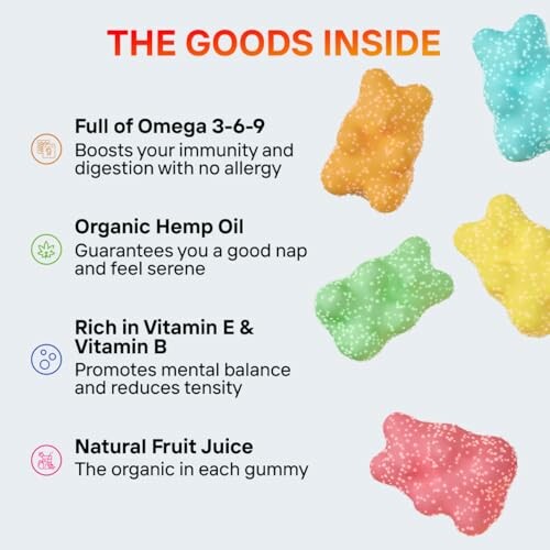 Colorful gummy bears with supplement benefits listed.