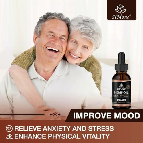 Happy elderly couple with hemp oil promoting stress relief and vitality.