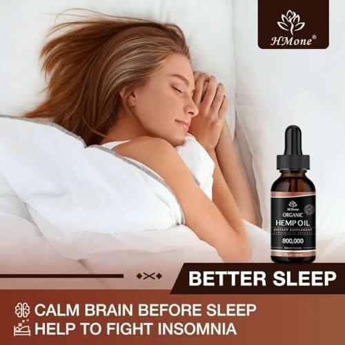 Woman sleeping peacefully with bottle of hemp oil, promoting better sleep and fighting insomnia.