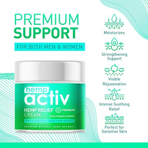 Hemp relief cream with benefits for men and women, showing moisturizing, strengthening support, visible rejuvenation, intense soothing relief, and suitability for sensitive skin.