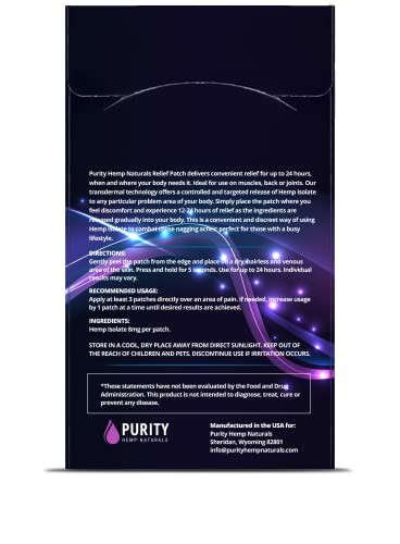 Purity Hemp Naturals Relief Patch packaging with usage instructions.